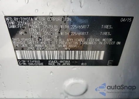 2015 Toyota Rav4 Le из США, поврежденный, VIN JTMZFREV9FJ044659